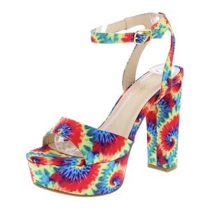 70’s multicolor tie dye platform chunky heeled sandals with ankle straps 10